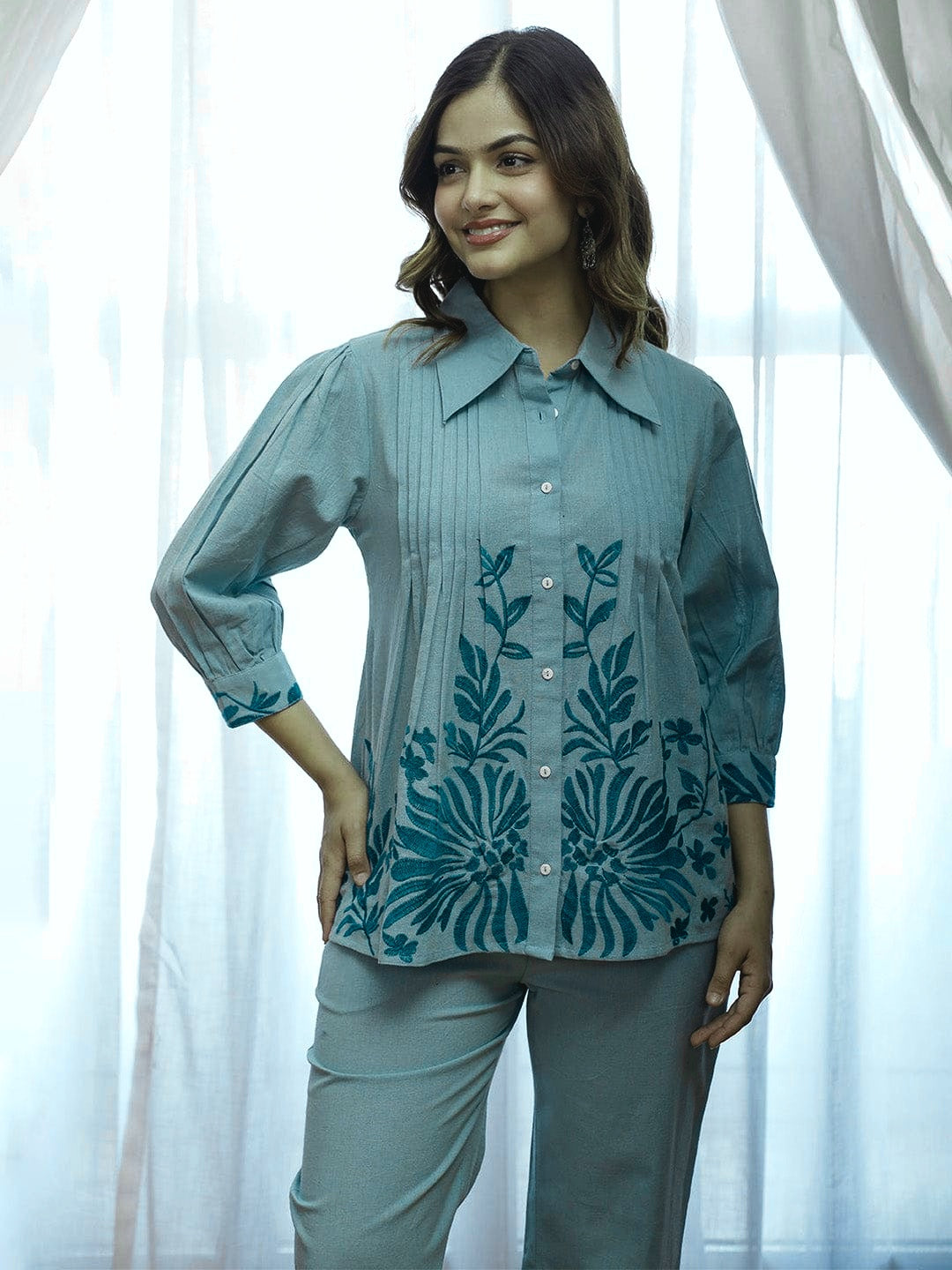 Pearl Floral Embroidered Kurti and Pant Co-ord Set