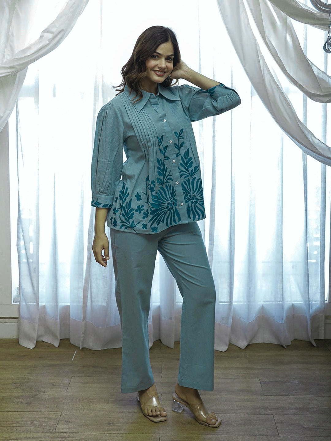 Pearl Floral Embroidered Kurti and Pant Co-ord Set
