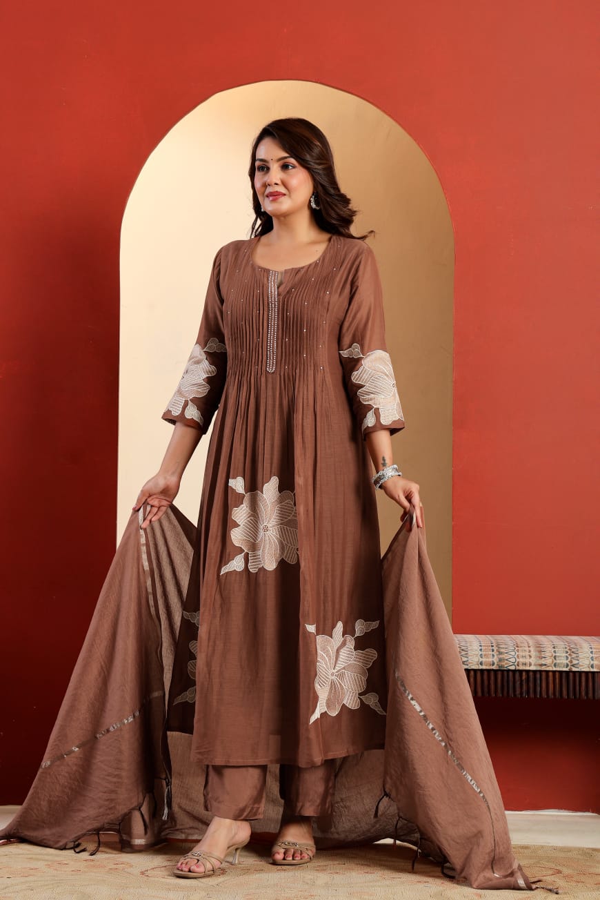 Reva Embroidered Handwork Brown Cotton Suit Set