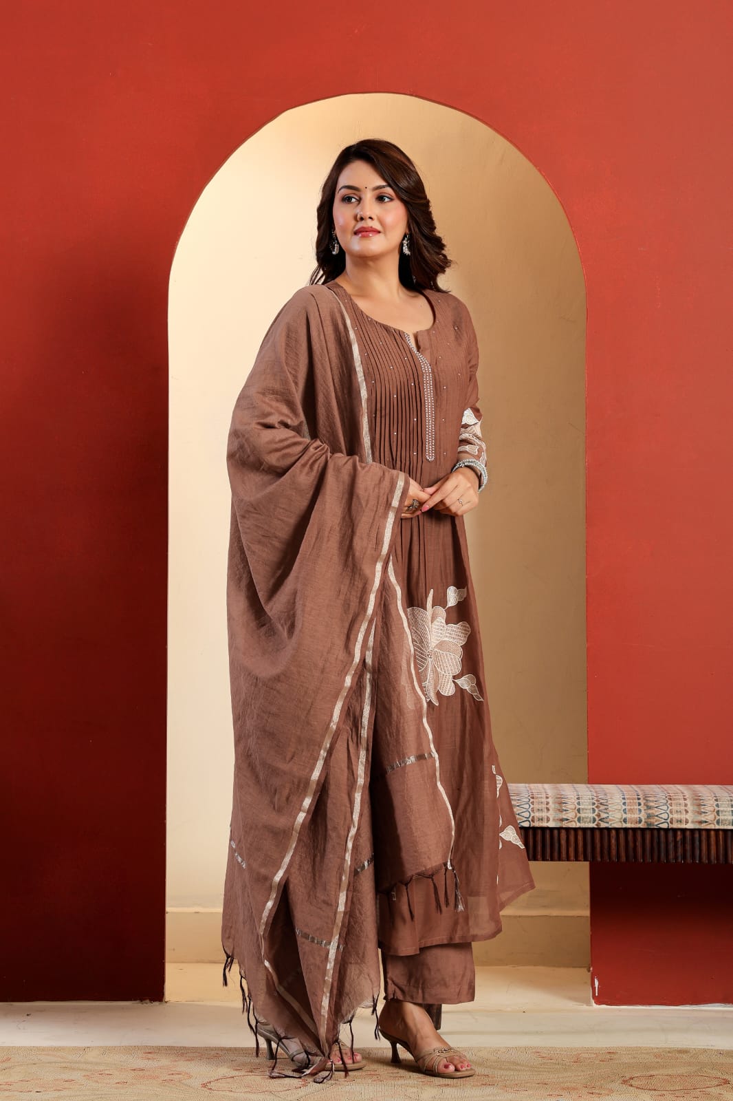 Reva Embroidered Handwork Brown Cotton Suit Set