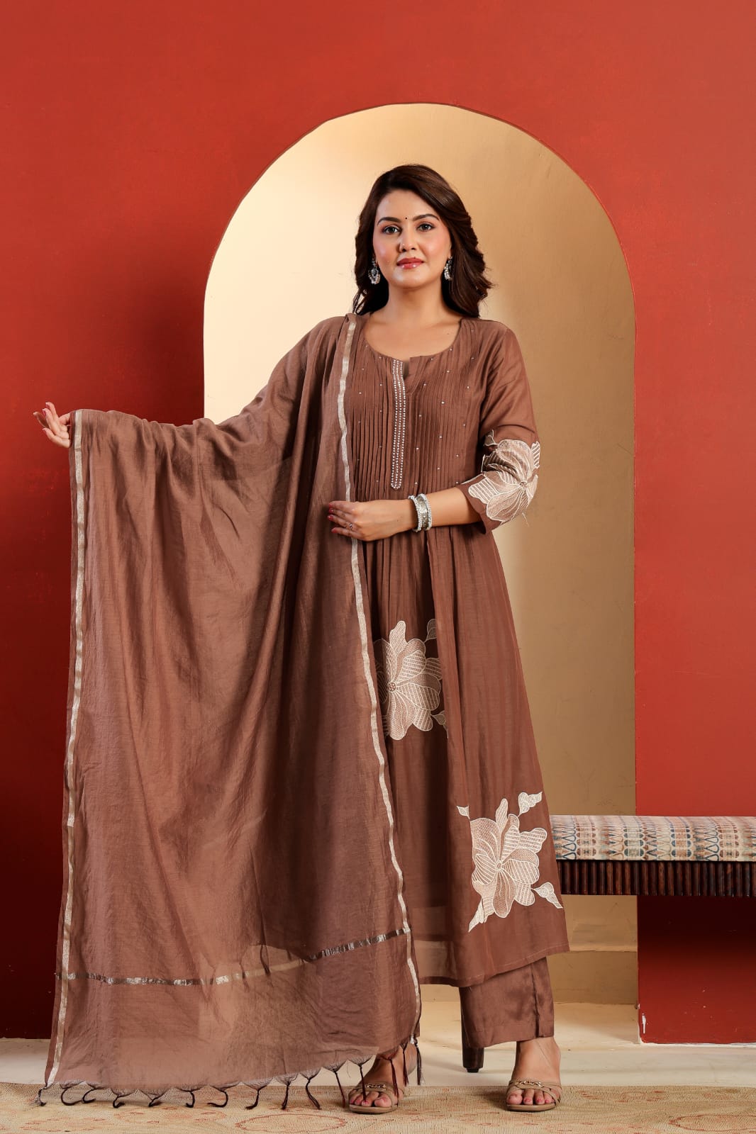 Reva Embroidered Handwork Brown Cotton Suit Set