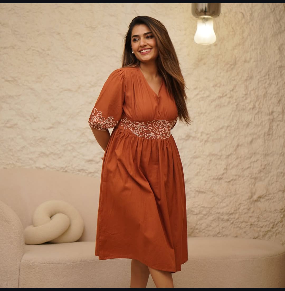 Avani Rust Orange Embroidered Cotton Gown suit