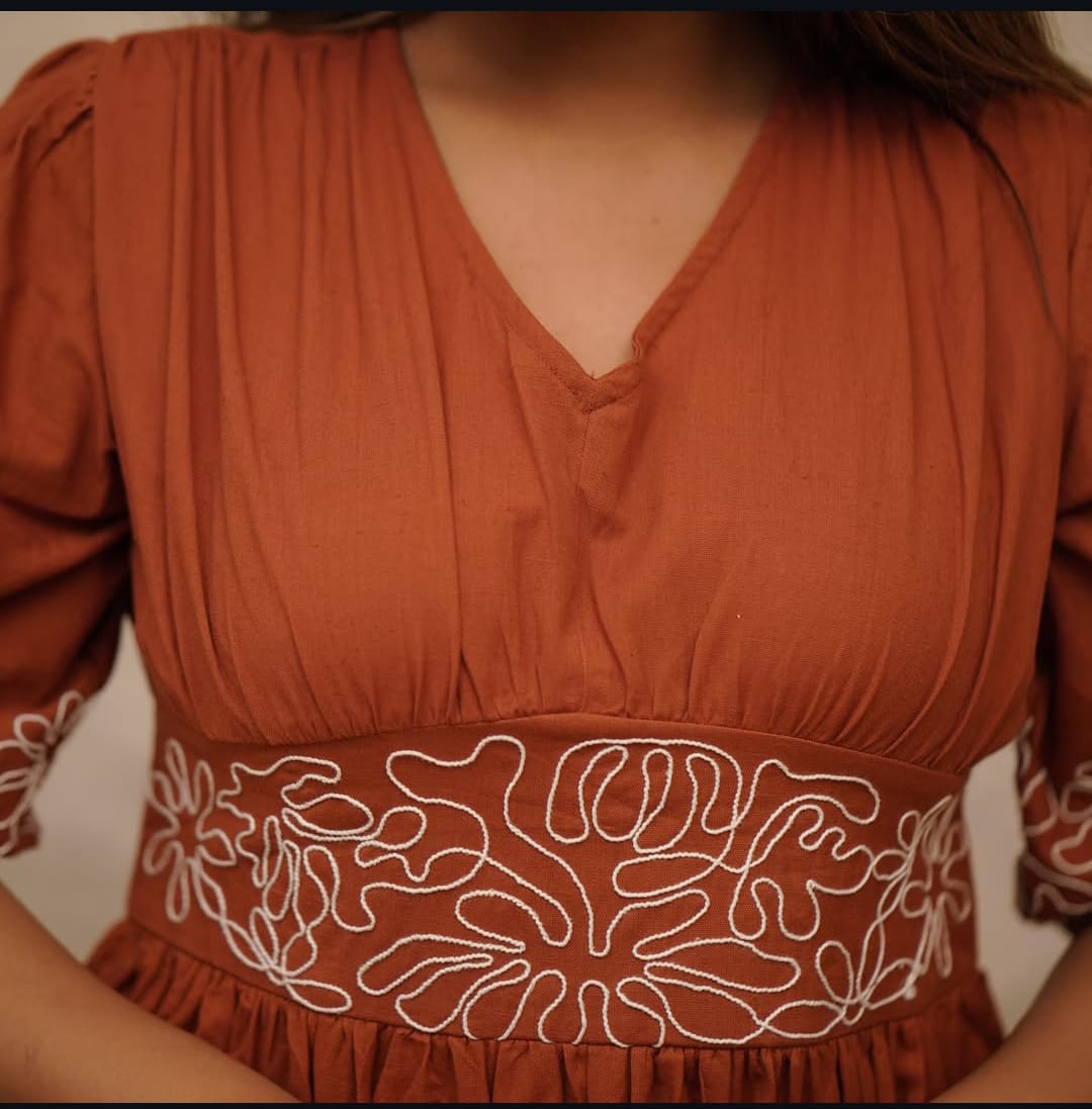 Avani Rust Orange Embroidered Cotton Gown suit
