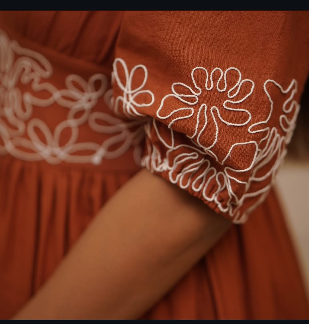 Avani Rust Orange Embroidered Cotton Gown suit
