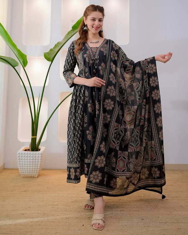 Meera Midnight Black Ajrakh Print Flared Anarkali cotton Suit Set