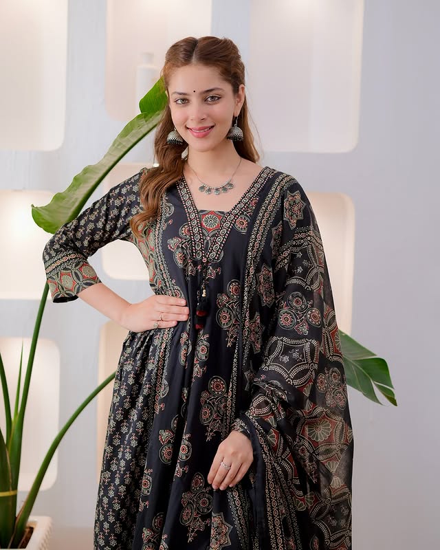Meera Midnight Black Ajrakh Print Flared Anarkali cotton Suit Set