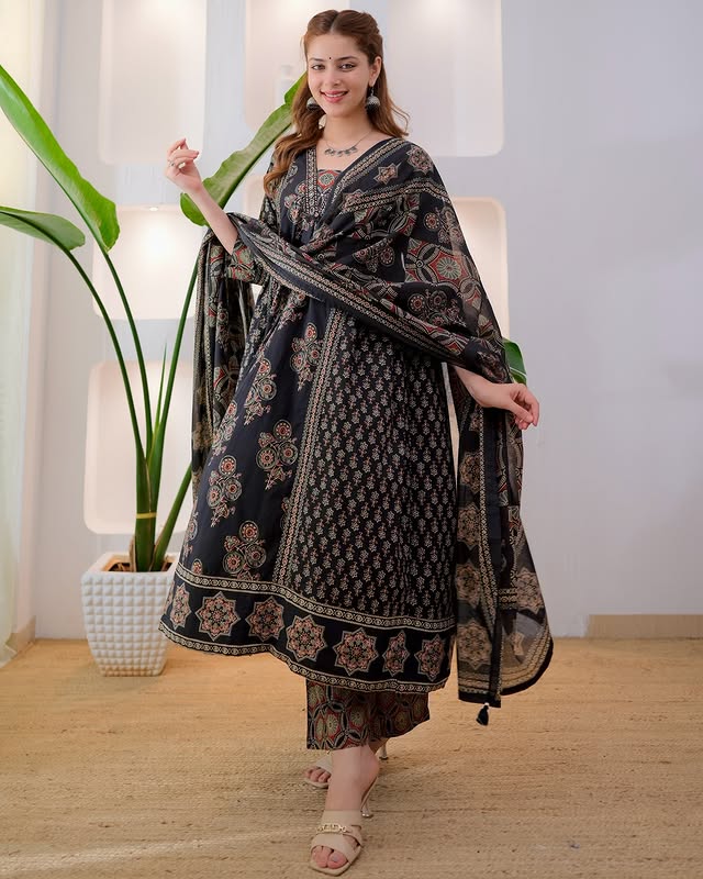 Meera Midnight Black Ajrakh Print Flared Anarkali cotton Suit Set