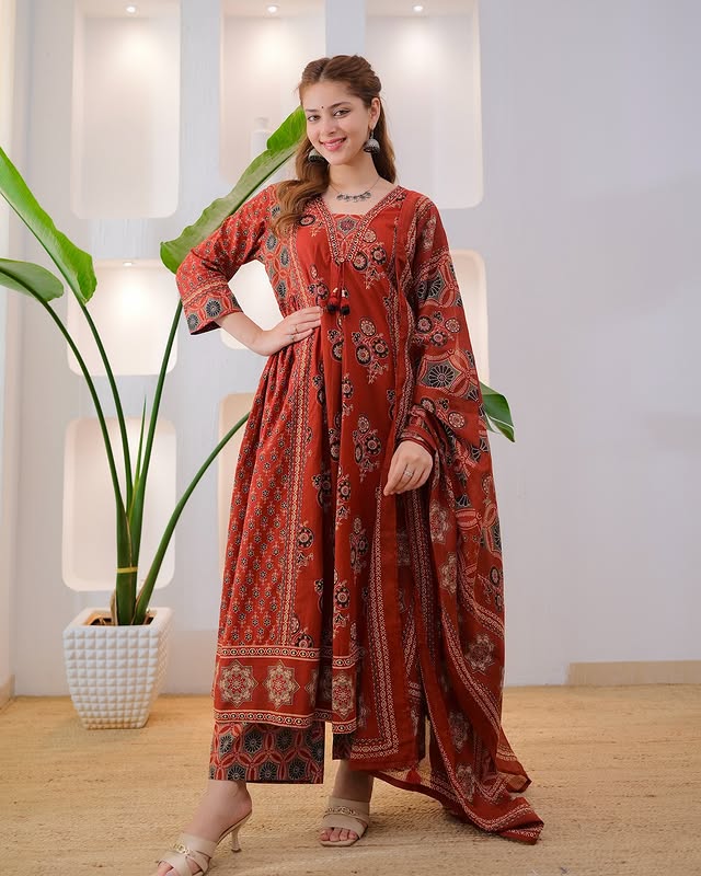Siya Rust Red Ajrakh Print Flared Cotton Suit Set