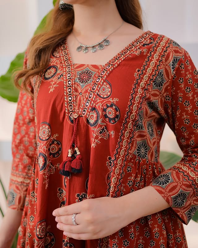Siya Rust Red Ajrakh Print Flared Cotton Suit Set