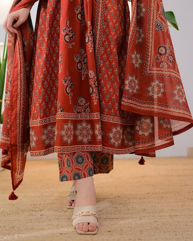 Siya Rust Red Ajrakh Print Flared Cotton Suit Set
