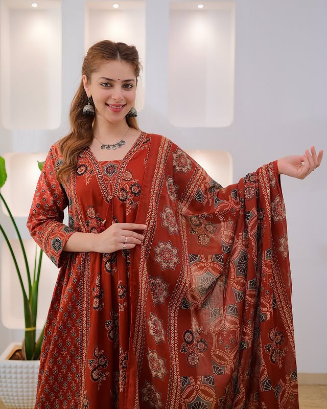 Siya Rust Red Ajrakh Print Flared Cotton Suit Set