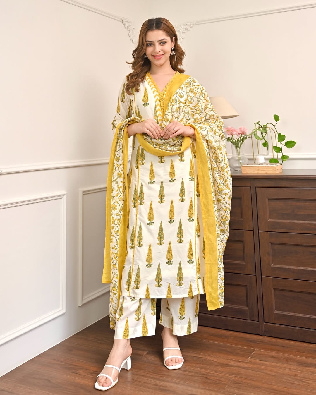 Veda Mughal Buta Printed Cotton Kurta Set with Heavy Lace Yoke and Mulmul Dupatta
