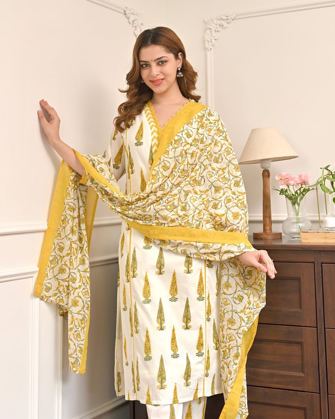 Veda Mughal Buta Printed Cotton Kurta Set with Heavy Lace Yoke and Mulmul Dupatta