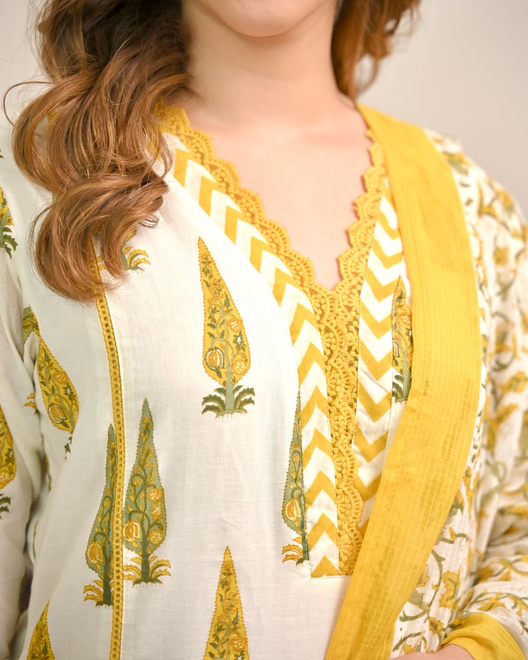 Veda Mughal Buta Printed Cotton Kurta Set with Heavy Lace Yoke and Mulmul Dupatta