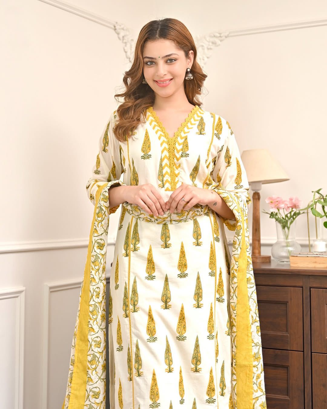 Veda Mughal Buta Printed Cotton Kurta Set with Heavy Lace Yoke and Mulmul Dupatta