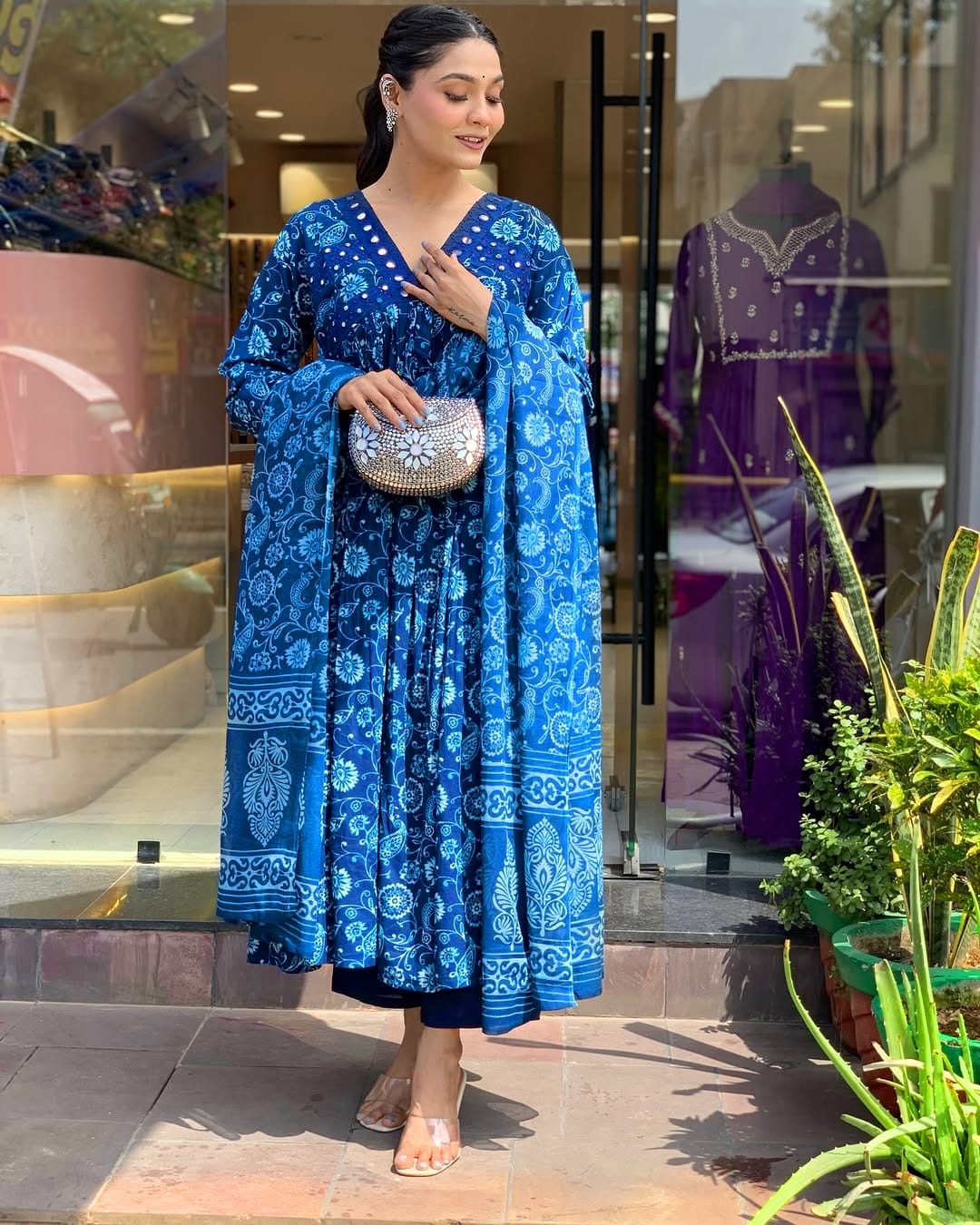Mahika Indigo Blue Cotton Printed Anarkali Kurta Set