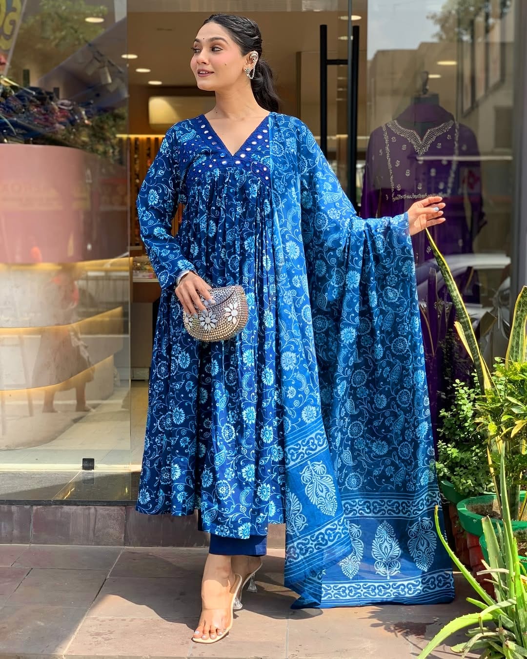 Mahika Indigo Blue Cotton Printed Anarkali Kurta Set