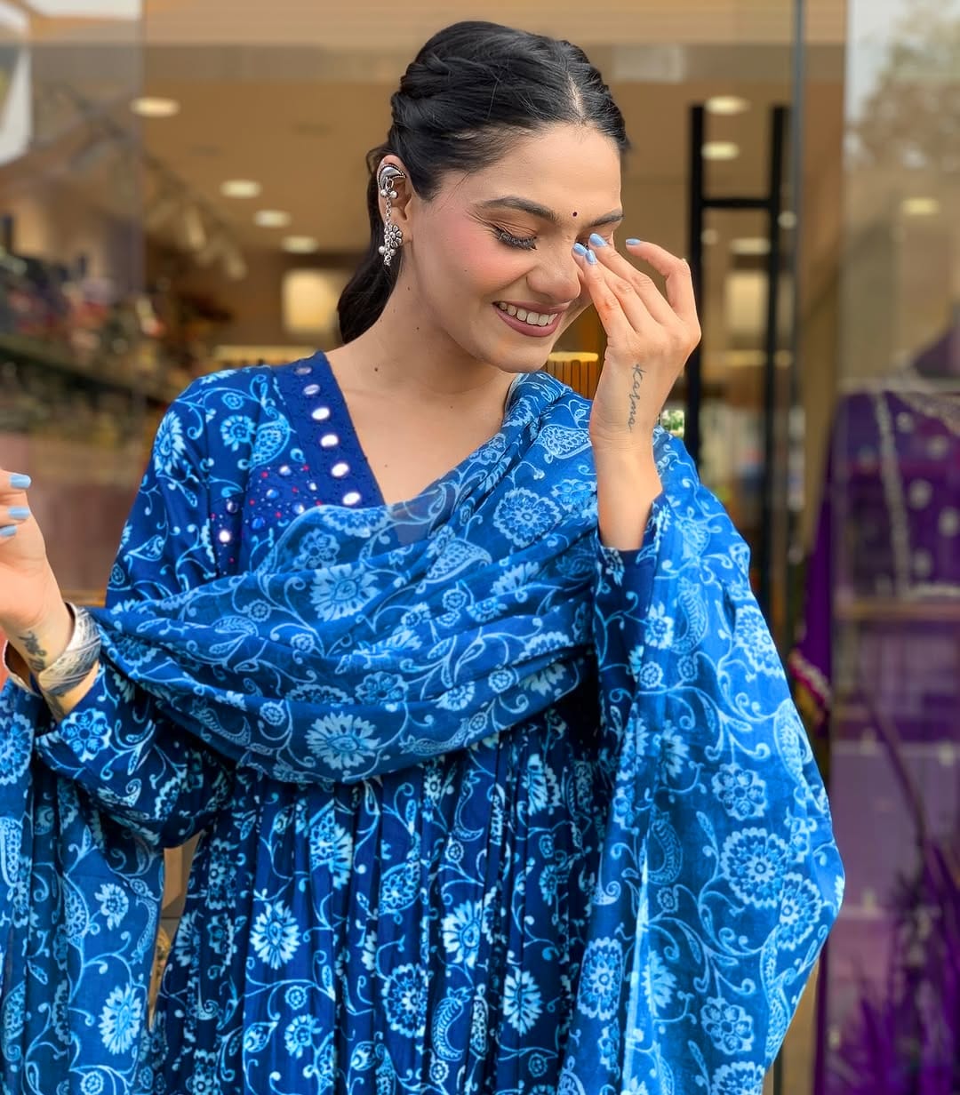 Mahika Indigo Blue Cotton Printed Anarkali Kurta Set