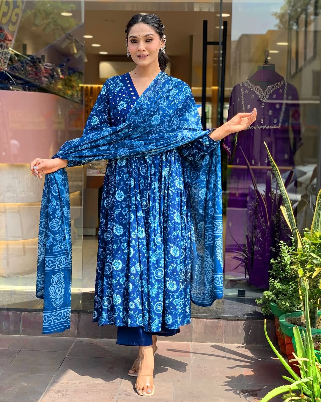 Mahika Indigo Blue Cotton Printed Anarkali Kurta Set