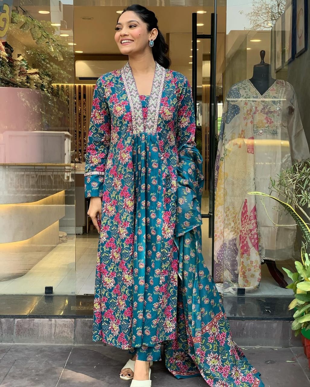 Arzu Teal Blue Floral Print Cotton Anarkali Kurta Set