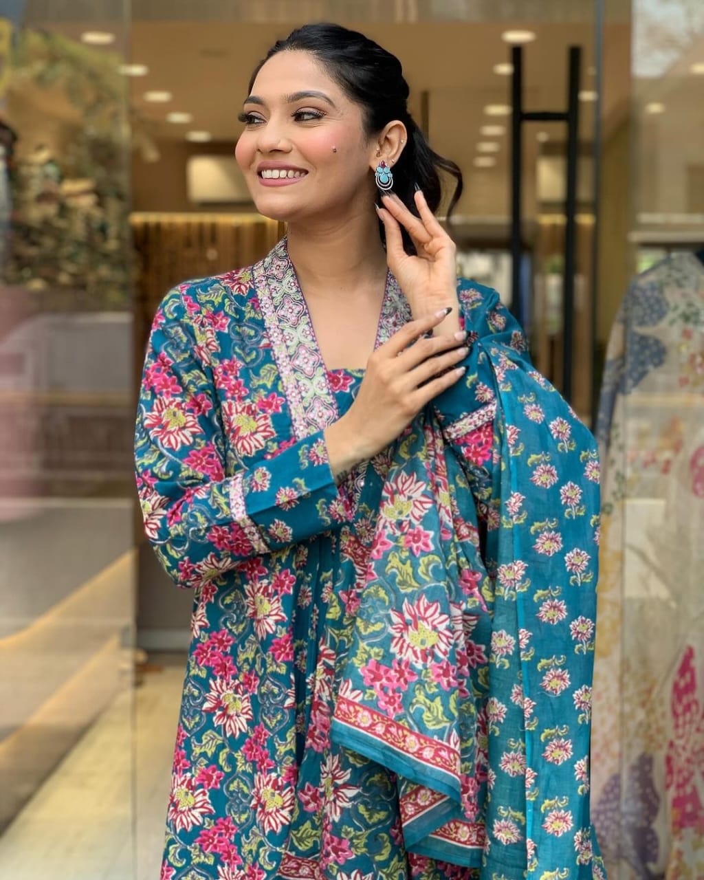Arzu Teal Blue Floral Print Cotton Anarkali Kurta Set