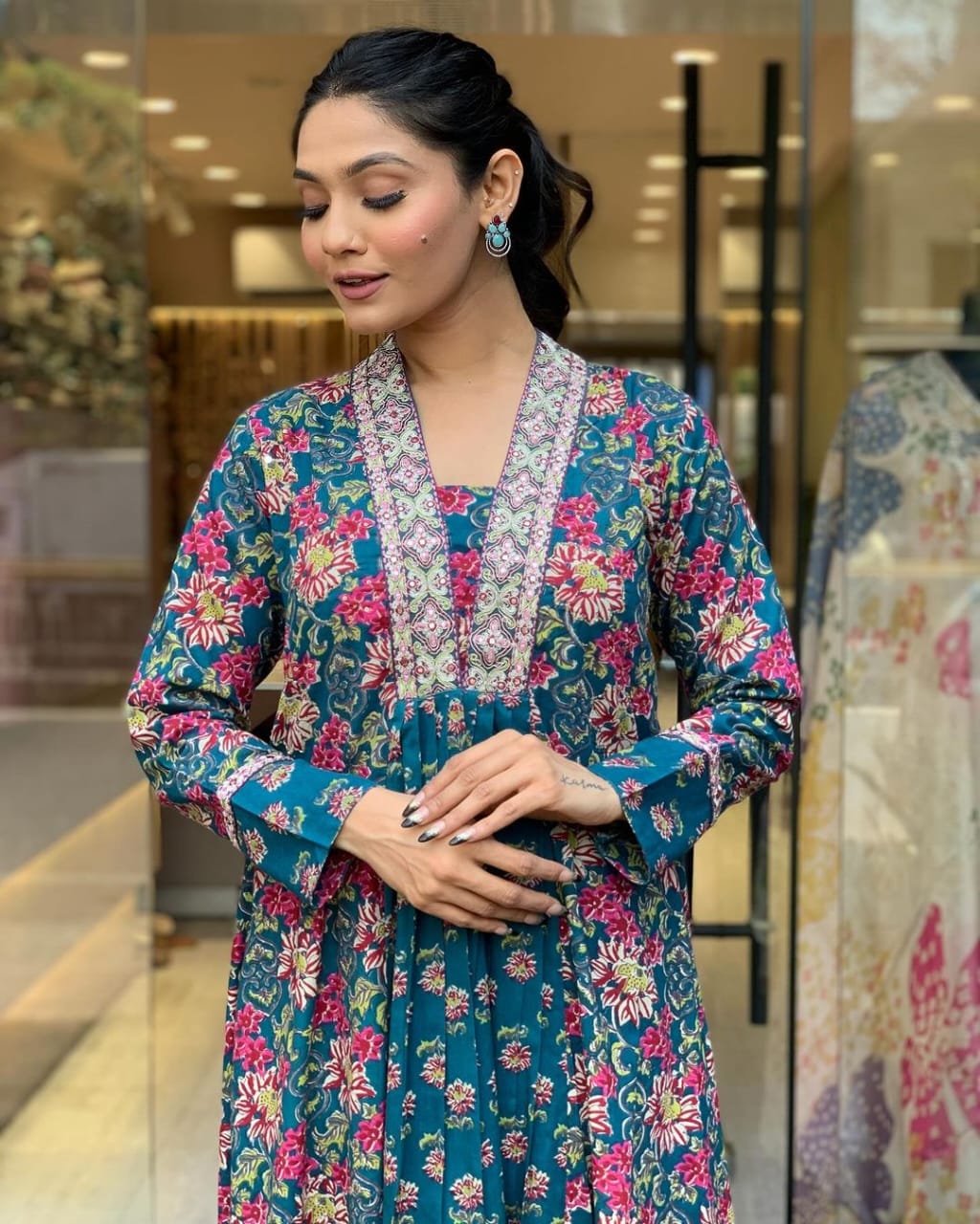 Arzu Teal Blue Floral Print Cotton Anarkali Kurta Set
