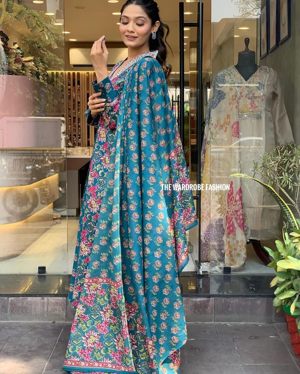 Arzu Teal Blue Floral Print Cotton Anarkali Kurta Set