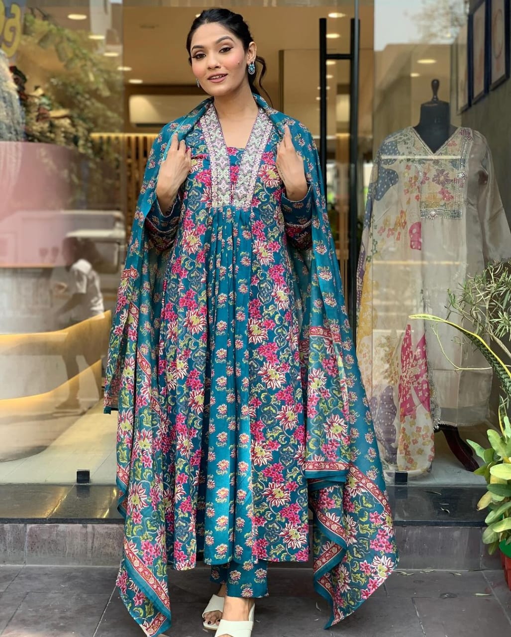 Arzu Teal Blue Floral Print Cotton Anarkali Kurta Set