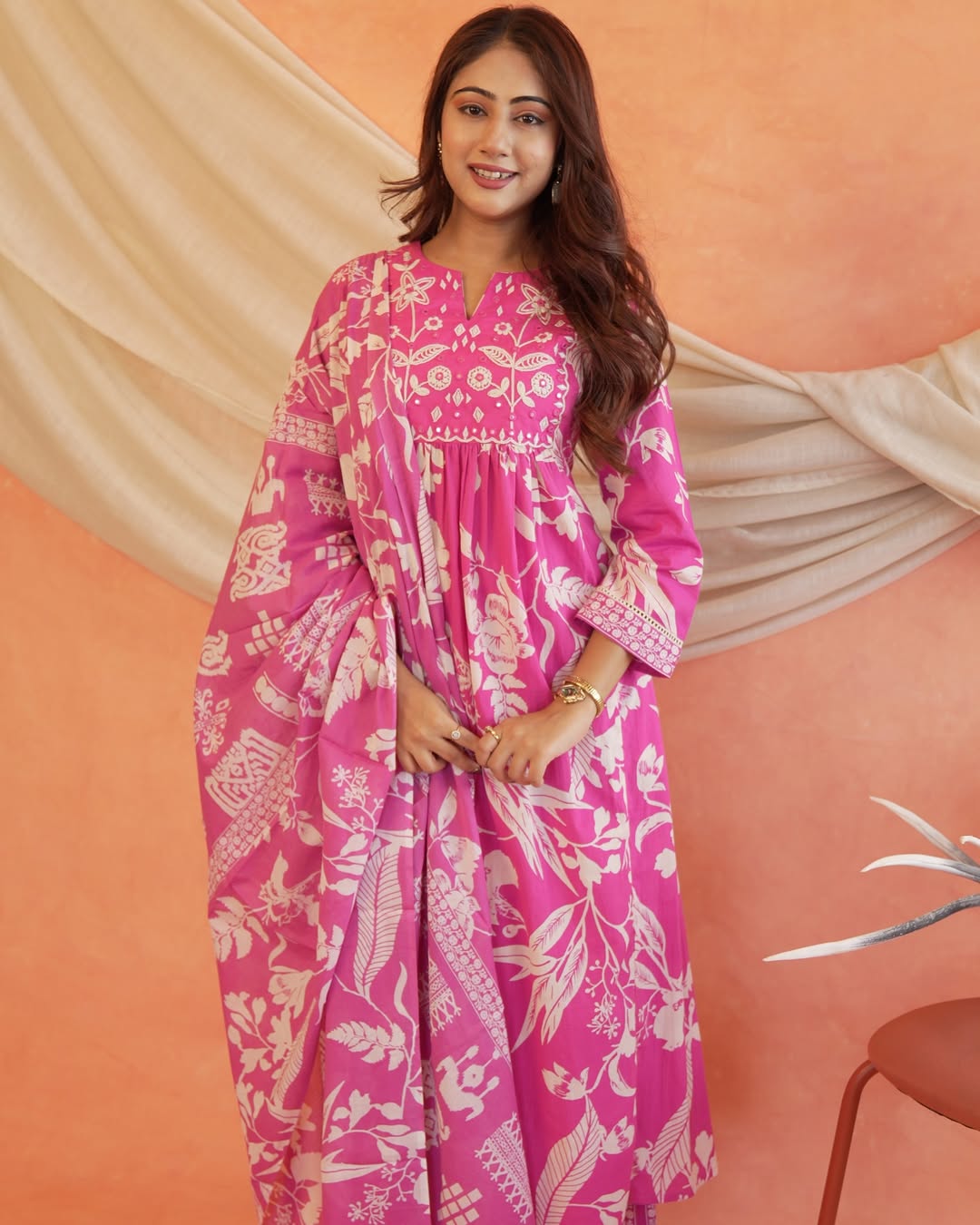 Sarah Vibrant Fuchsia Pink Cotton Floral Flared Anarkali Suit Set for