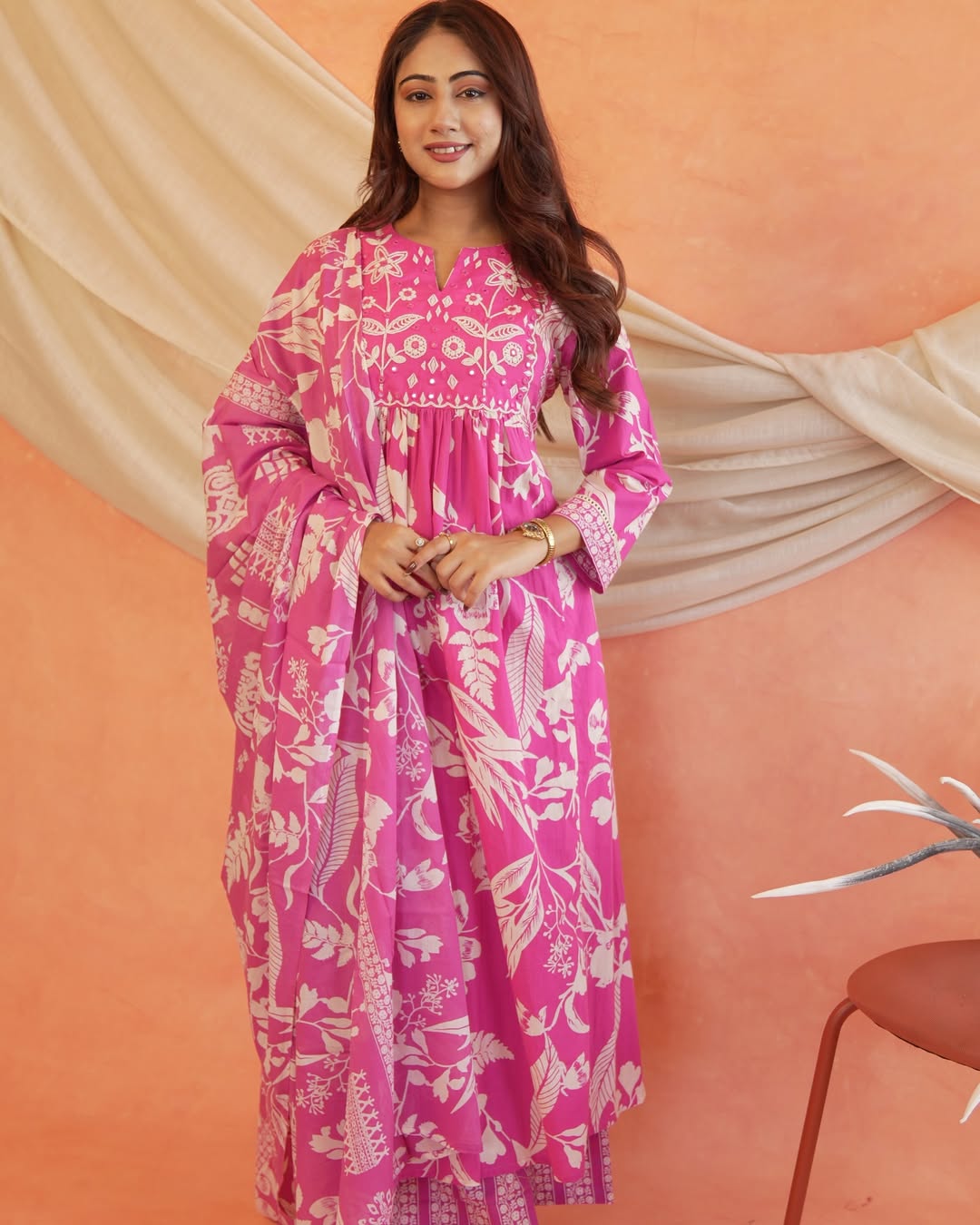 Sarah Vibrant Fuchsia Pink Cotton Floral Flared Anarkali Suit Set for