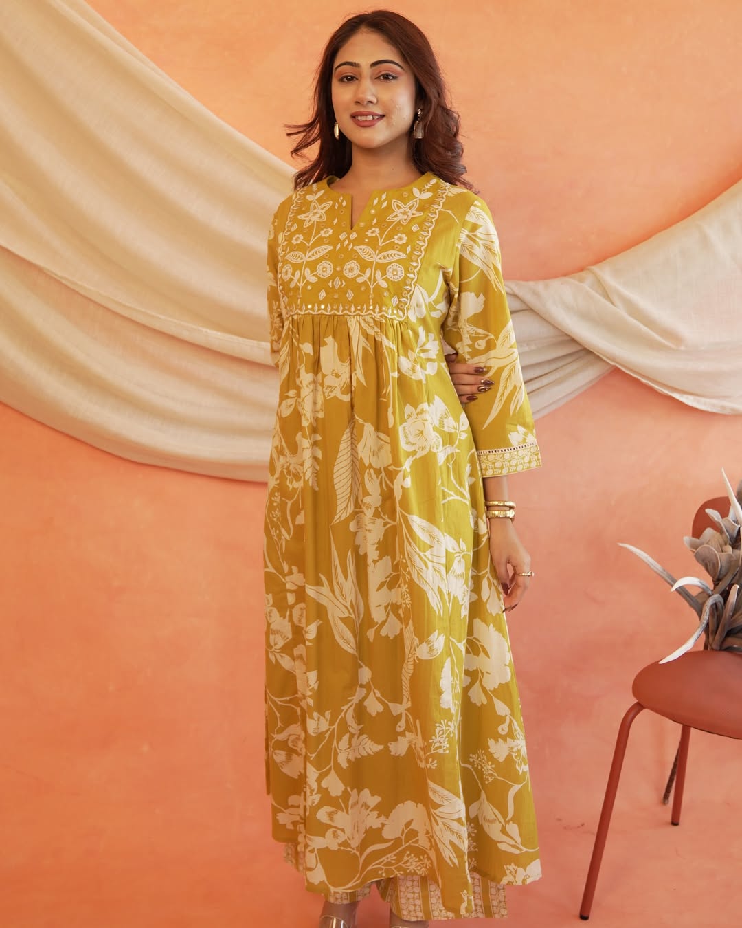 Ruby Mustard Yellow Floral Printed Cotton Anarkali Kurta, Pant, and Dupatta Set
