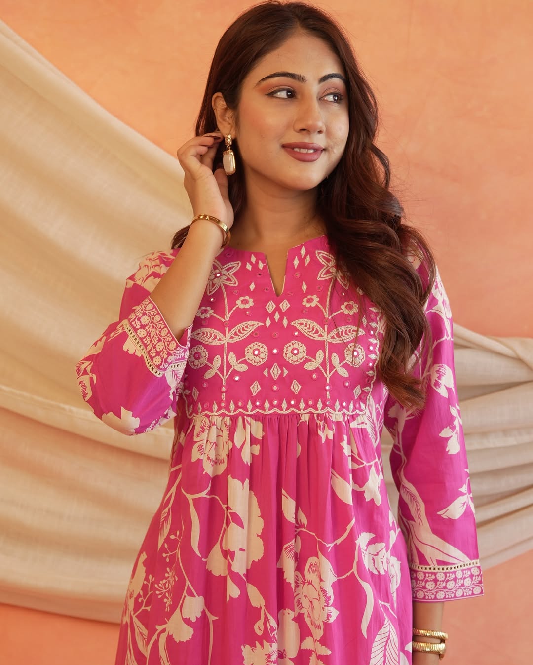 Sarah Vibrant Fuchsia Pink Cotton Floral Flared Anarkali Suit Set for