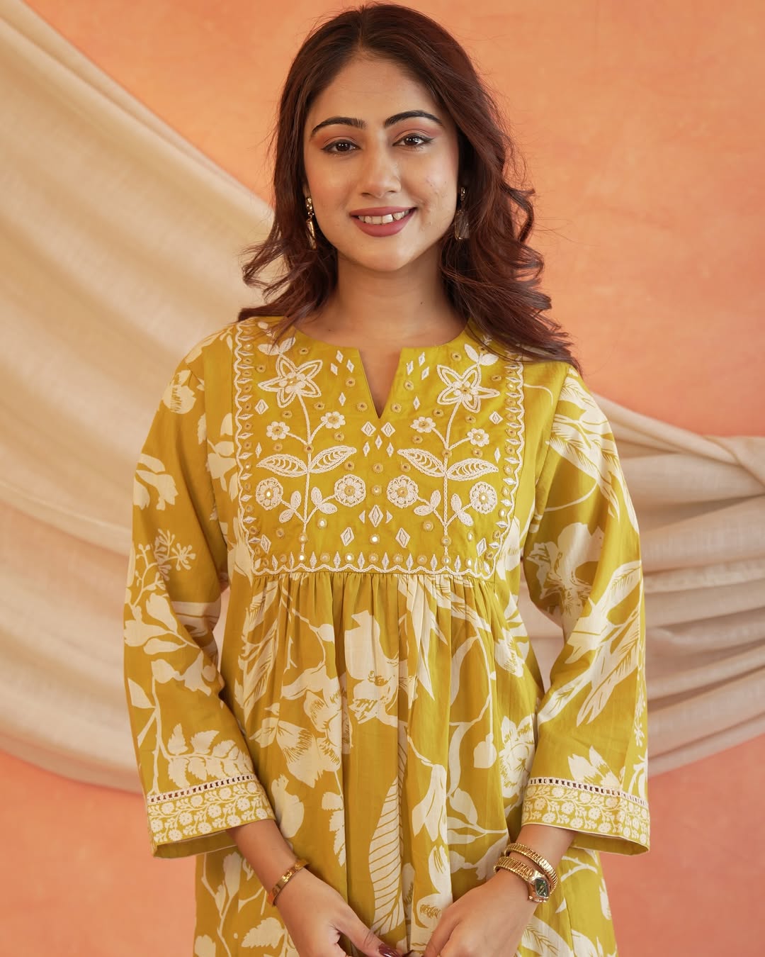 Ruby Mustard Yellow Floral Printed Cotton Anarkali Kurta, Pant, and Dupatta Set