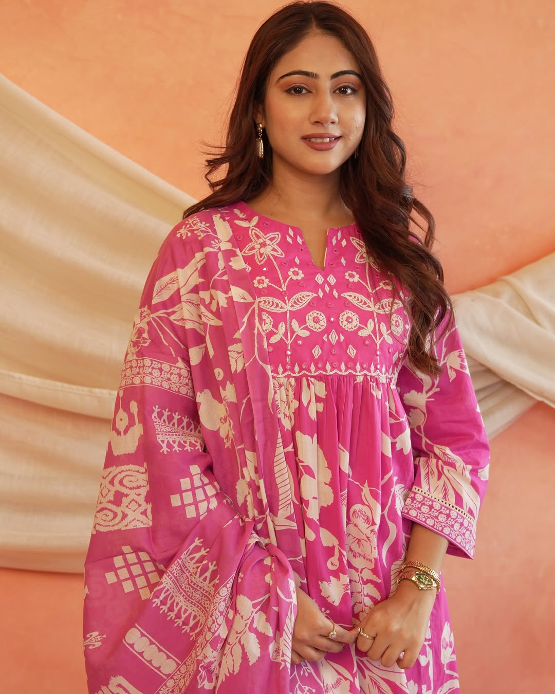 Sarah Vibrant Fuchsia Pink Cotton Floral Flared Anarkali Suit Set for