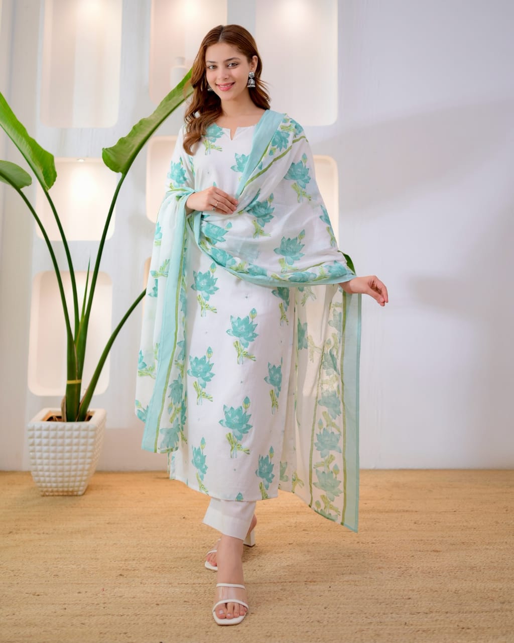 Isha Floral Elegance Handwork Cotton Kurta Pant Set with Printed Mulmul Dupatta