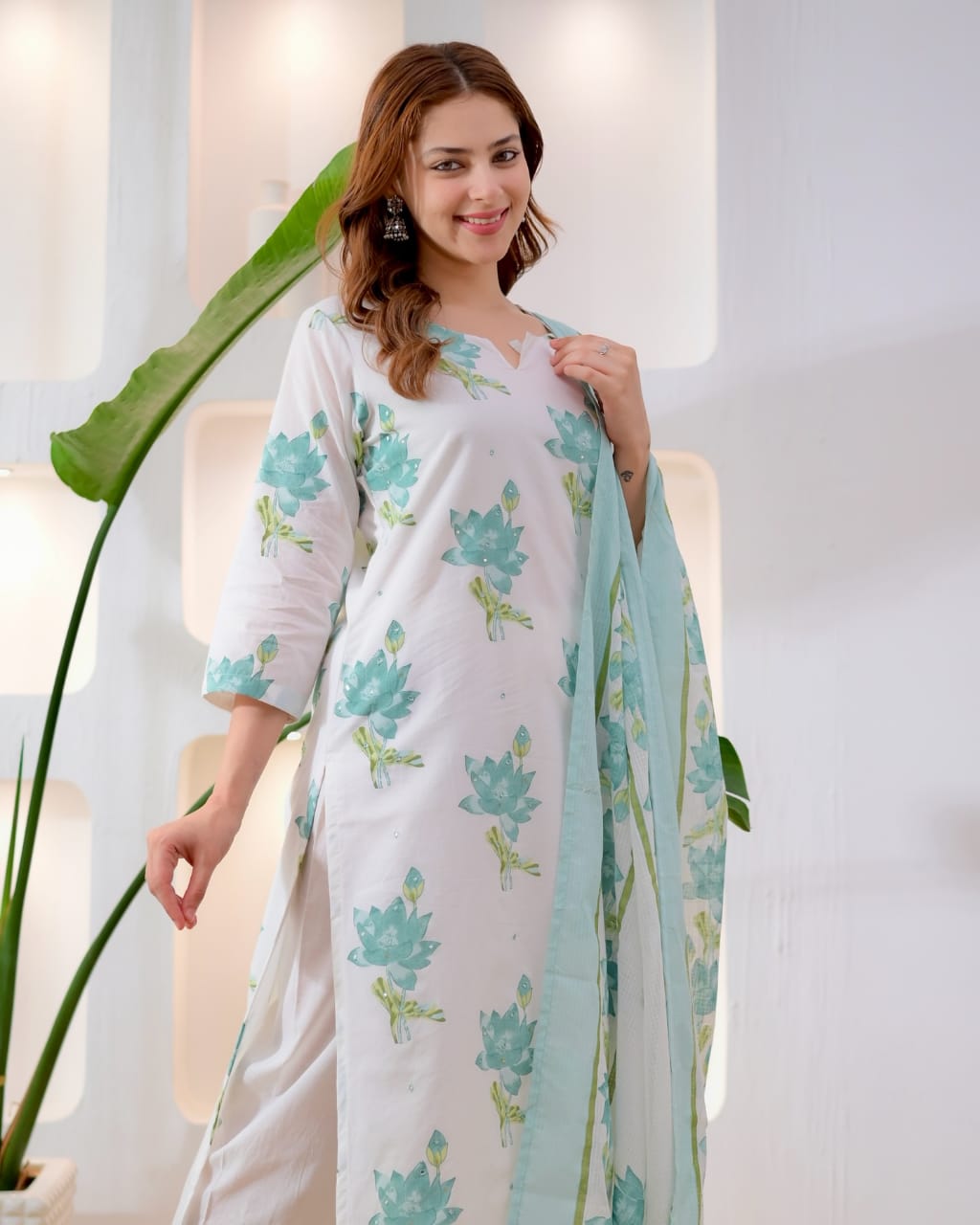 Isha Floral Elegance Handwork Cotton Kurta Pant Set with Printed Mulmul Dupatta