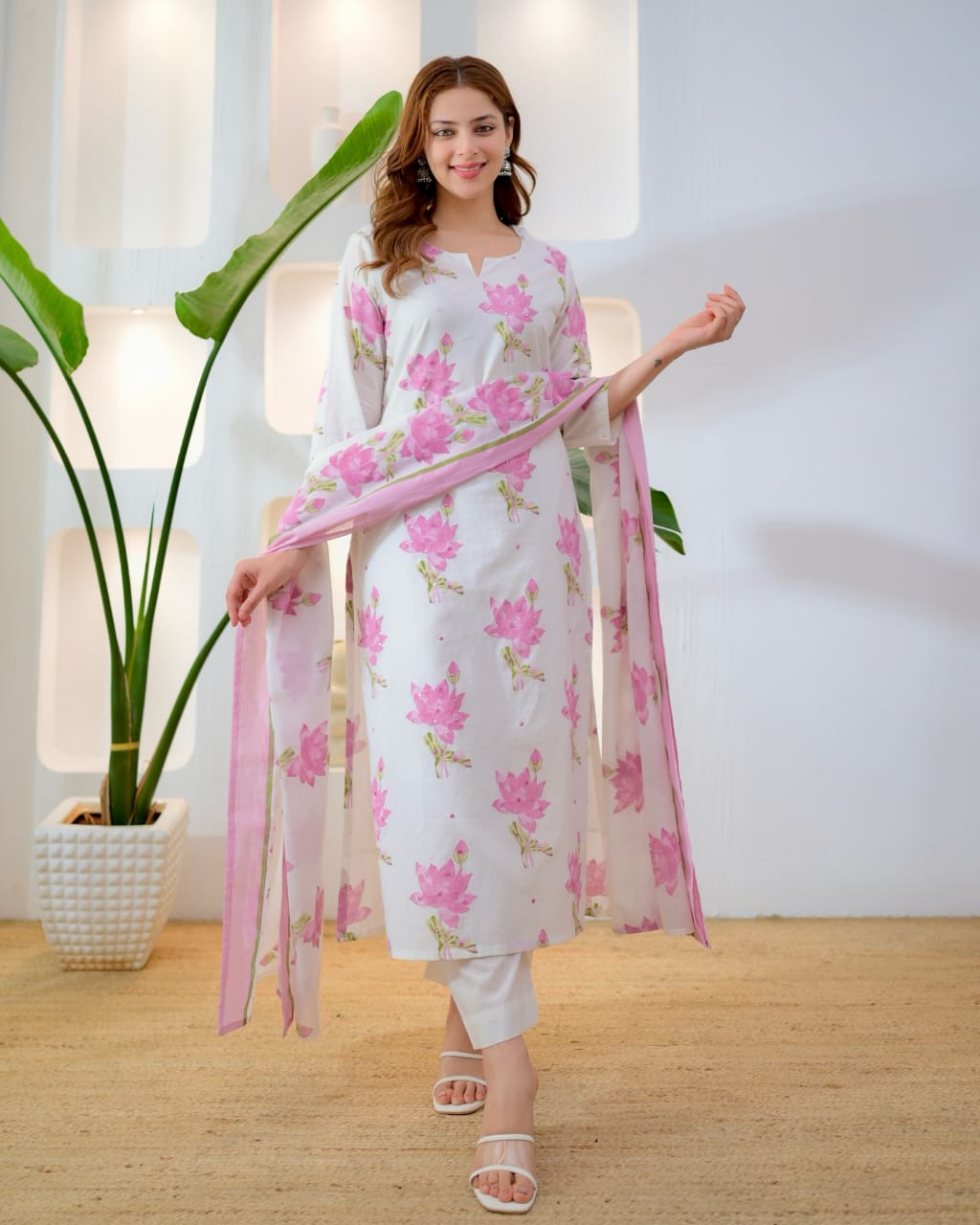 Isha Floral Elegance Handwork Cotton Kurta Pant Set with Printed Mulmul Dupatta