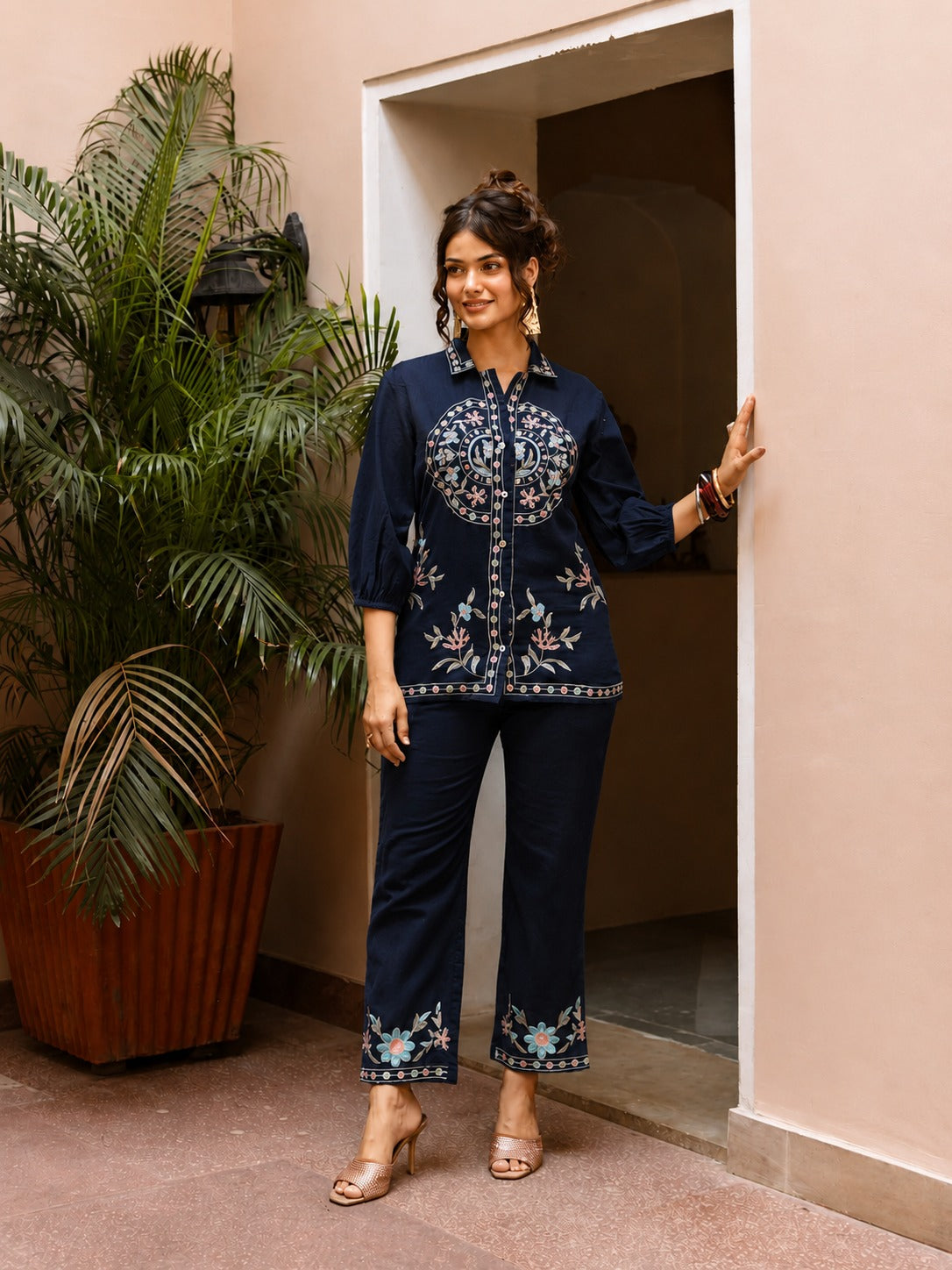 Midnight Navy Floral Mandala Embroidered Ethnic Button-Down Tunic Trousers Set