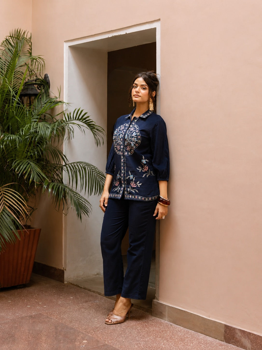 Midnight Navy Floral Mandala Embroidered Ethnic Button-Down Tunic Trousers Set