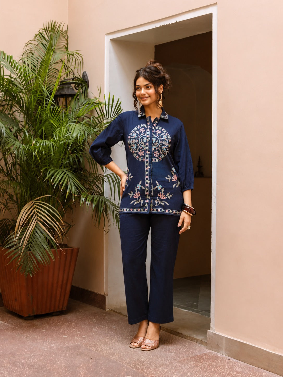 Midnight Navy Floral Mandala Embroidered Ethnic Button-Down Tunic Trousers Set
