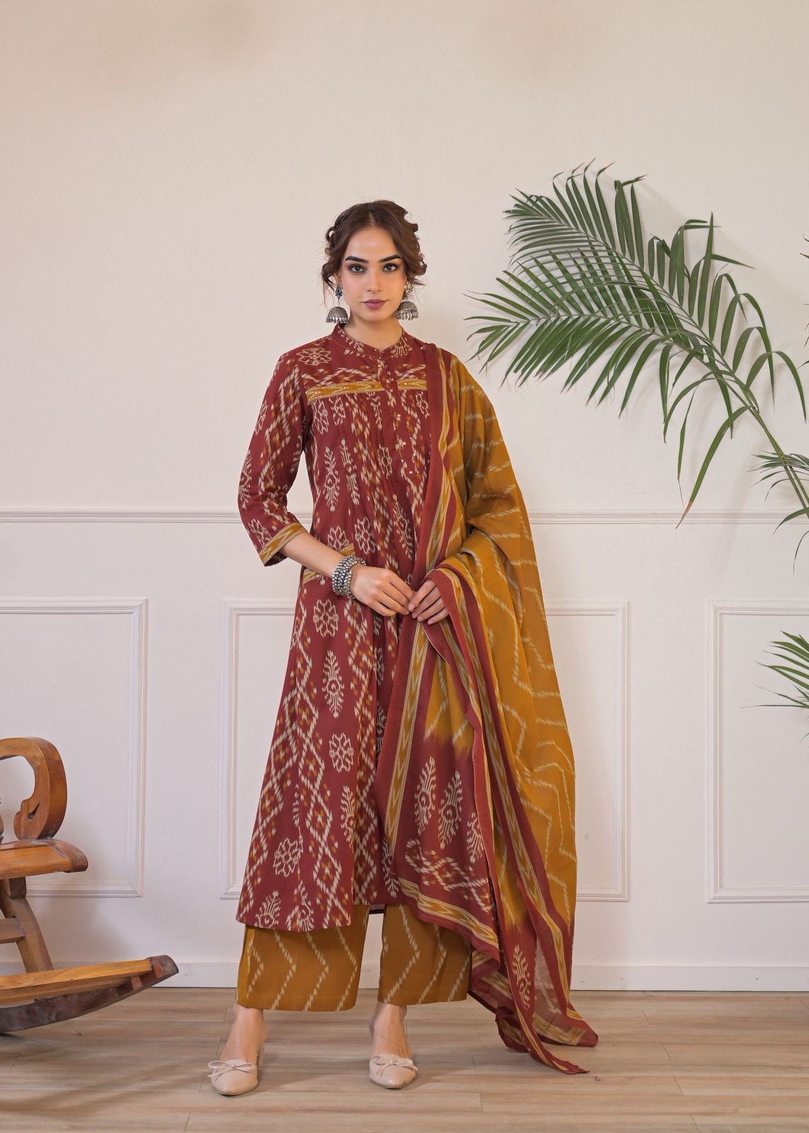 Elegant Cotton Ikat Print Gathered Kurti Pant Set with Matching Dupatta
