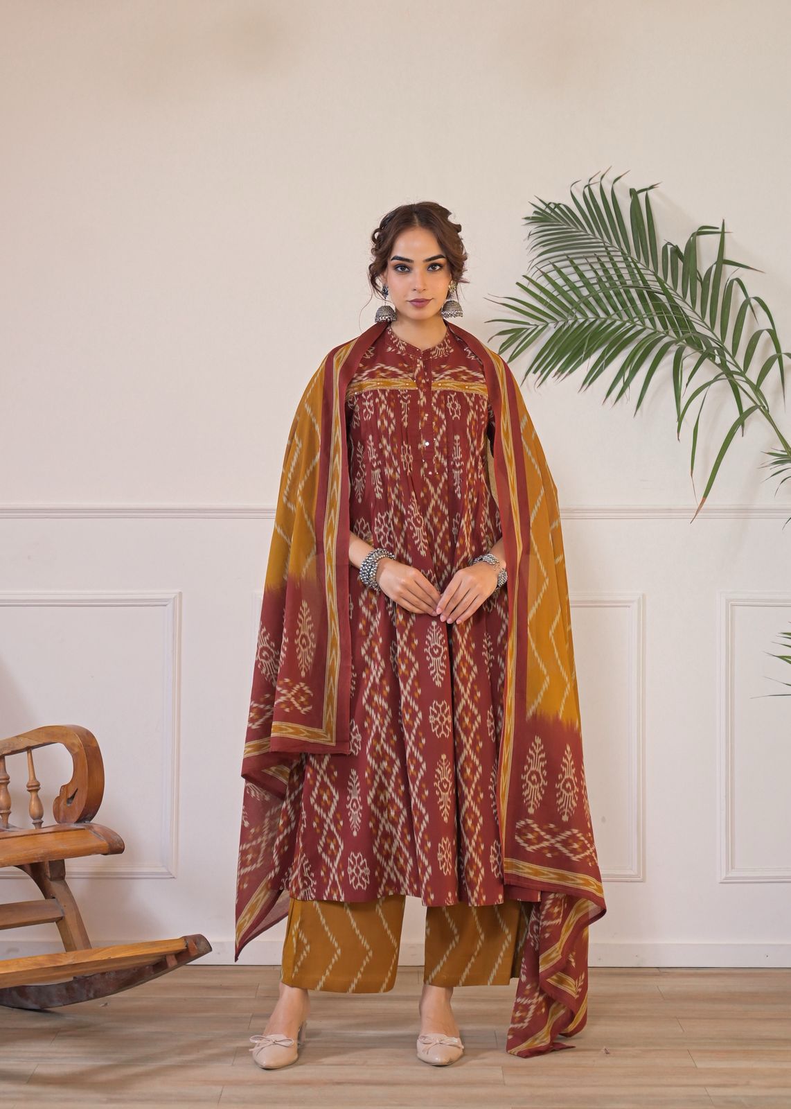 Elegant Cotton Ikat Print Gathered Kurti Pant Set with Matching Dupatta