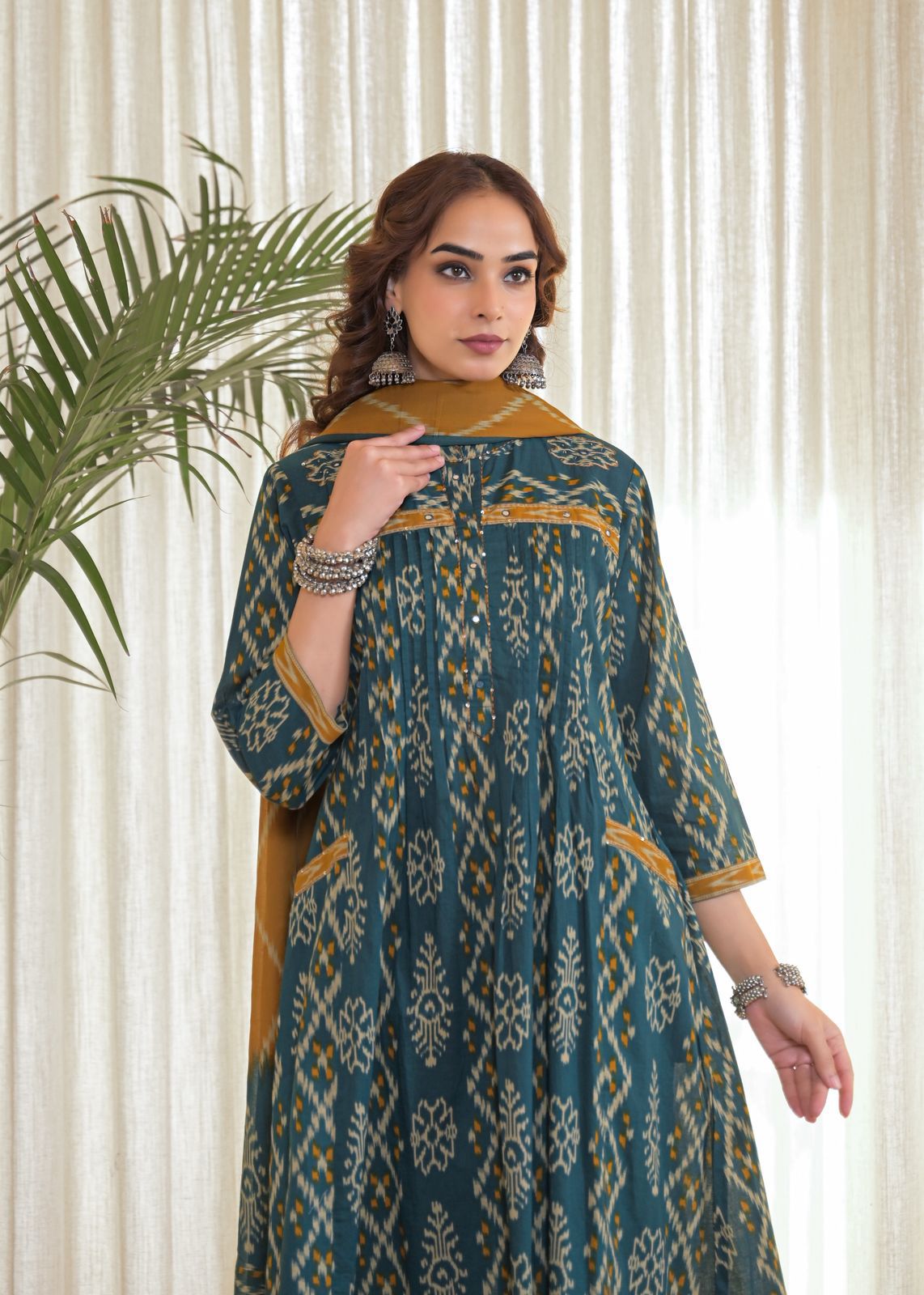 Elegant Cotton Ikat Print Gathered Kurti Pant Set with Matching Dupatta