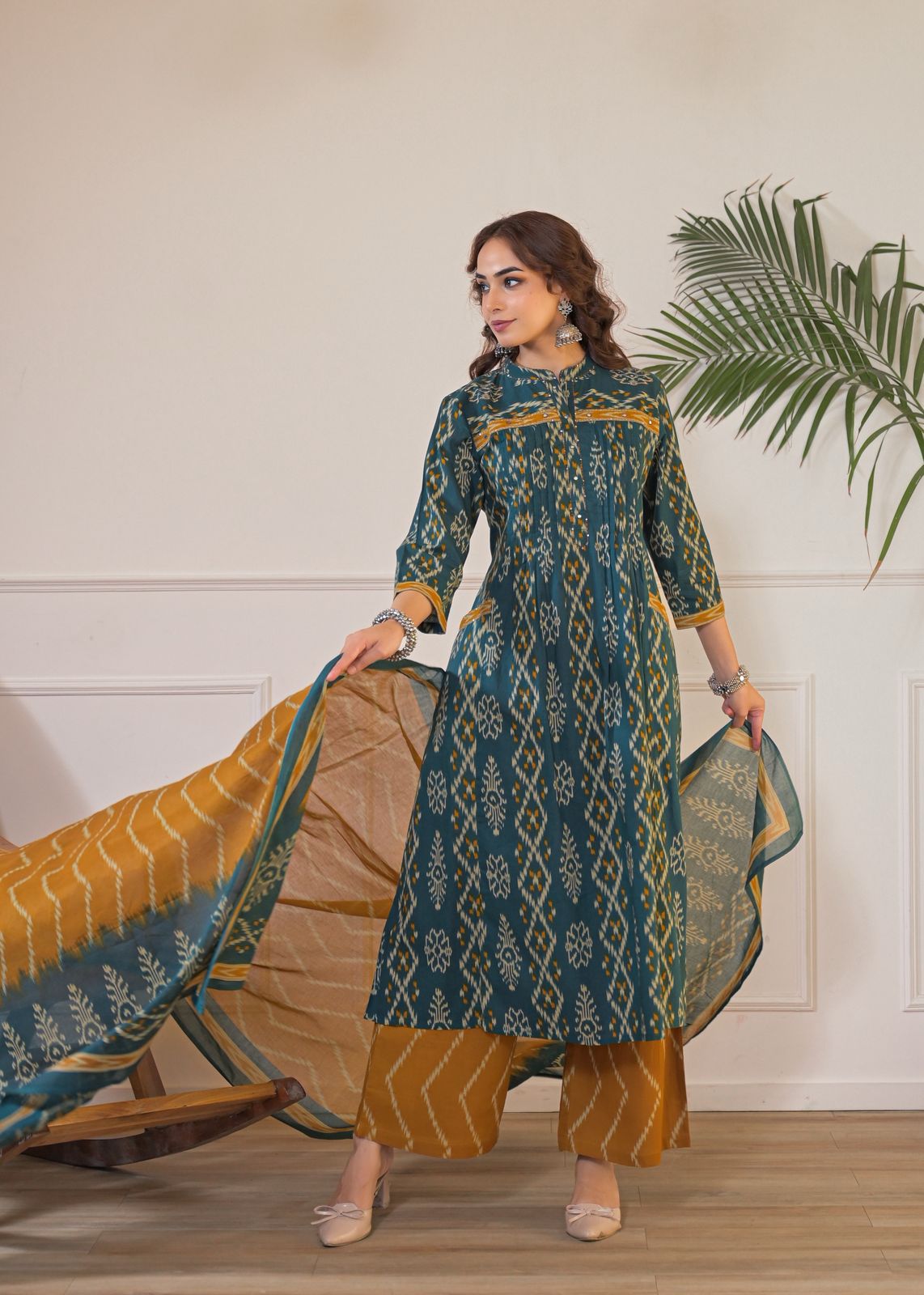Elegant Cotton Ikat Print Gathered Kurti Pant Set with Matching Dupatta