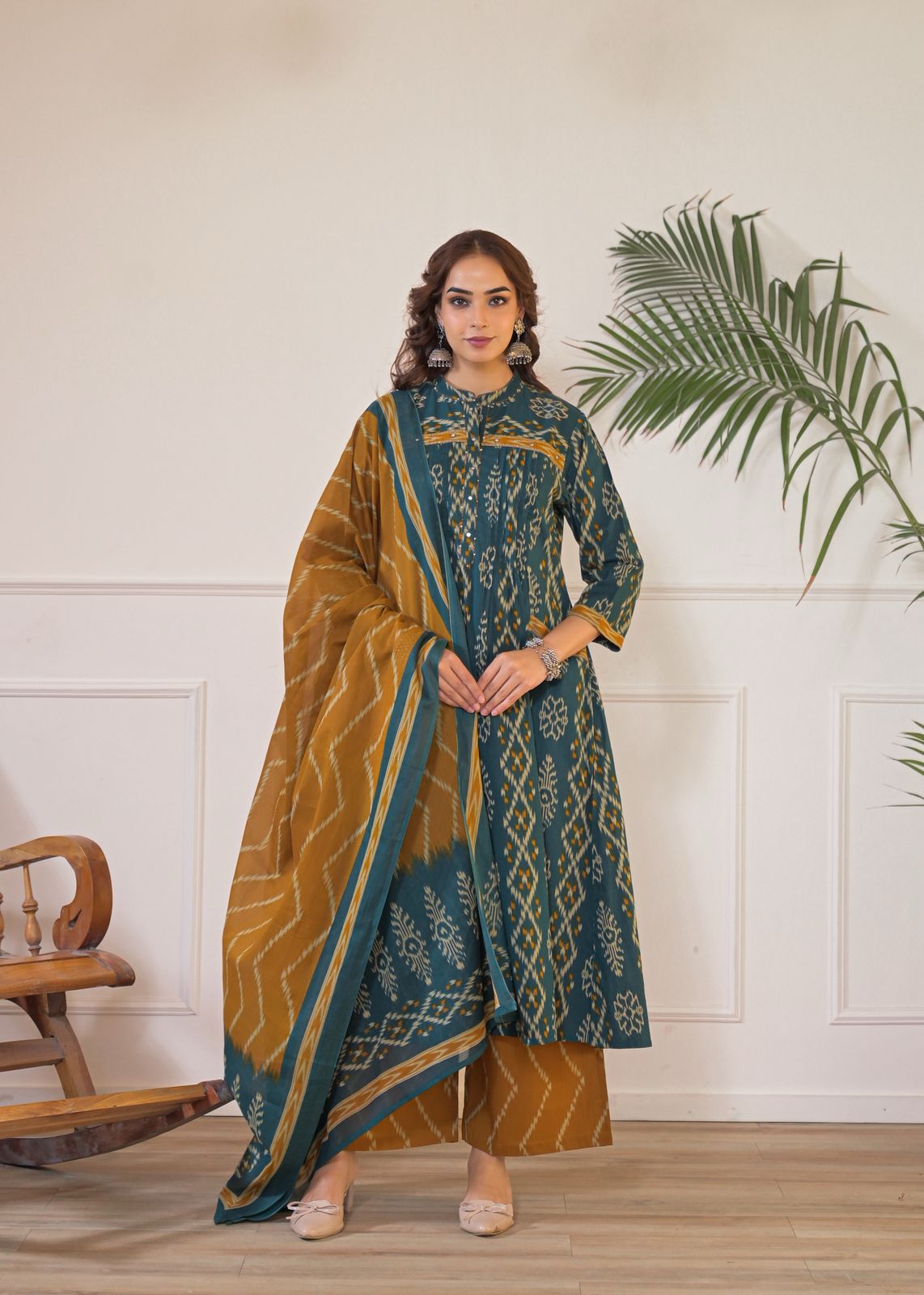 Elegant Cotton Ikat Print Gathered Kurti Pant Set with Matching Dupatta