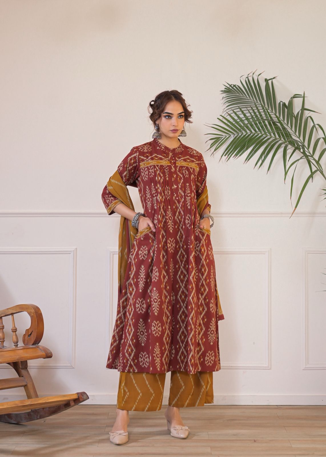 Elegant Cotton Ikat Print Gathered Kurti Pant Set with Matching Dupatta