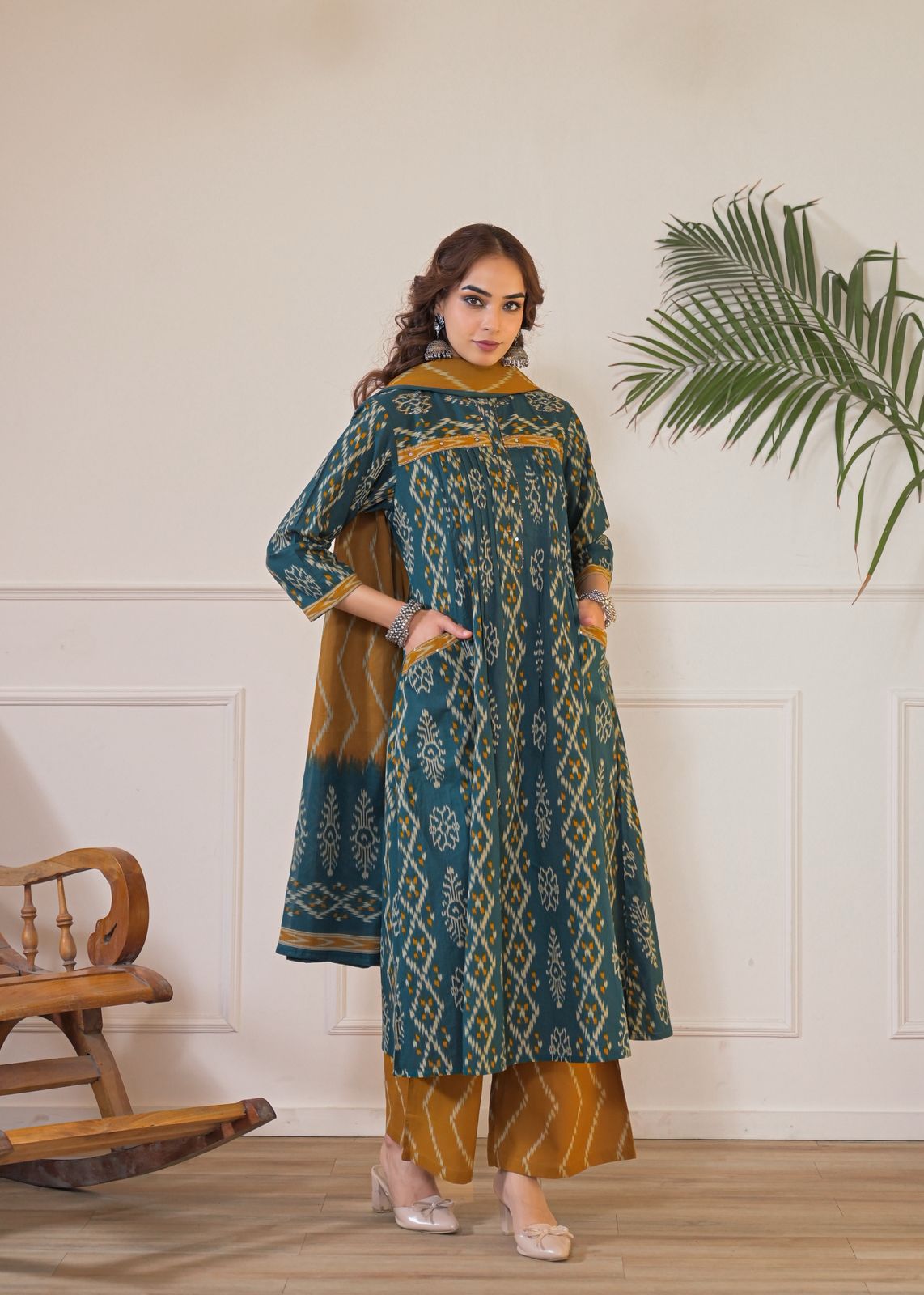 Elegant Cotton Ikat Print Gathered Kurti Pant Set with Matching Dupatta