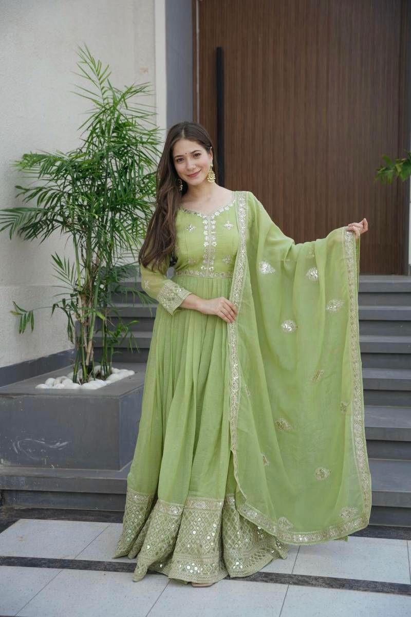 Rochelle Green Embroidered Anarkali Gown with Dupatta Cotton Suit Set