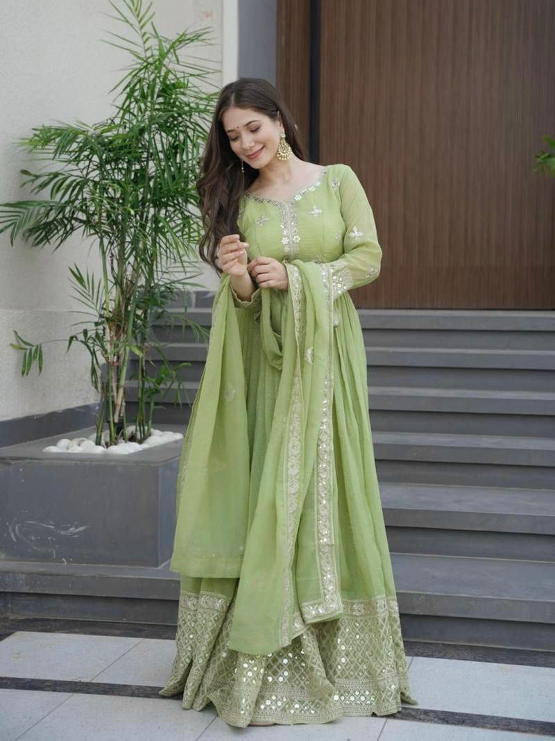 Rochelle Green Embroidered Anarkali Gown with Dupatta Cotton Suit Set