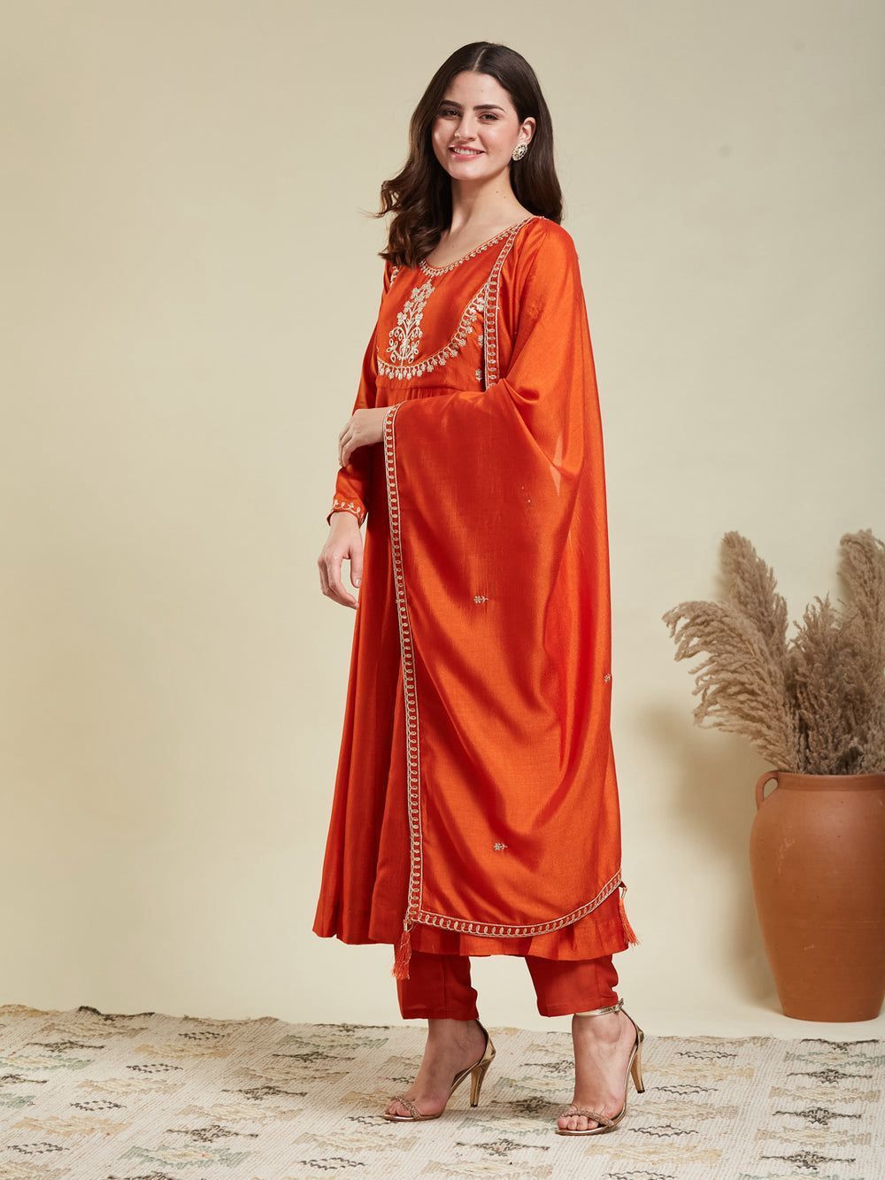 Liva Rust Orange Cotton Embroidered Anarkali Kurta Set